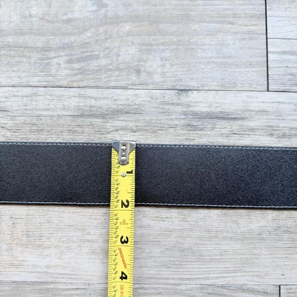 Vintage Wide Black Leather Belt Square Covered Buckle Size 30 Minimalist